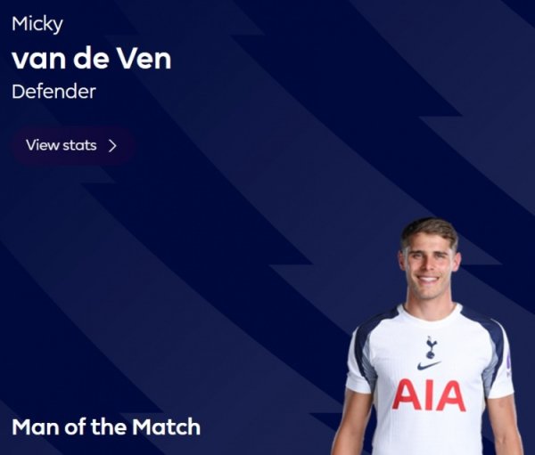 连进两球！英超官方：范德芬当选热刺3-0埃弗顿全场最佳