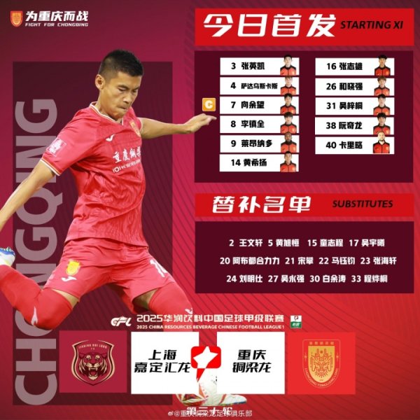 上海嘉定汇龙vs重庆铜梁龙杆位：向余望出战，铜梁龙赢球就升超